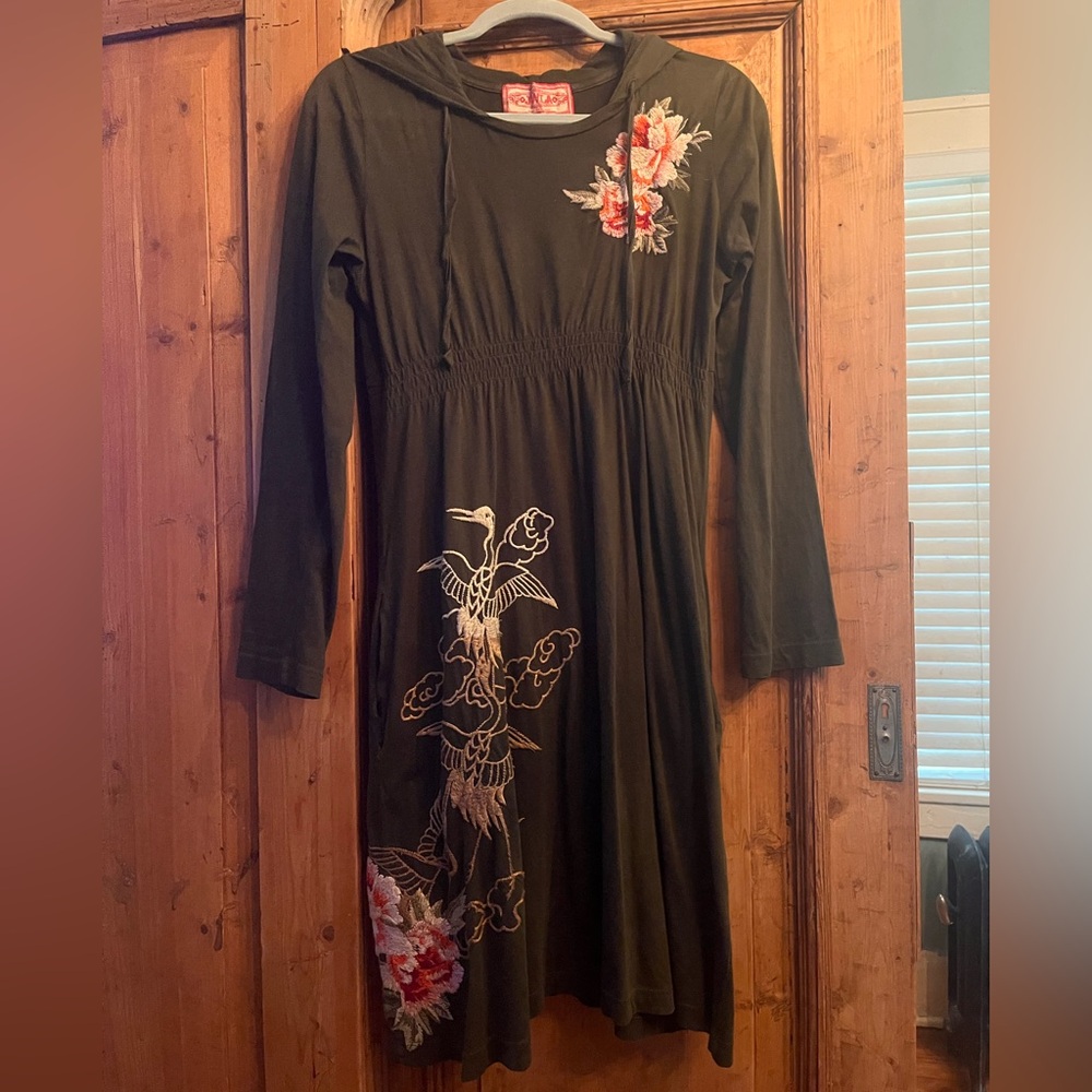 Johnny Was Green Long Sleeve Dress with Floral Embroidery